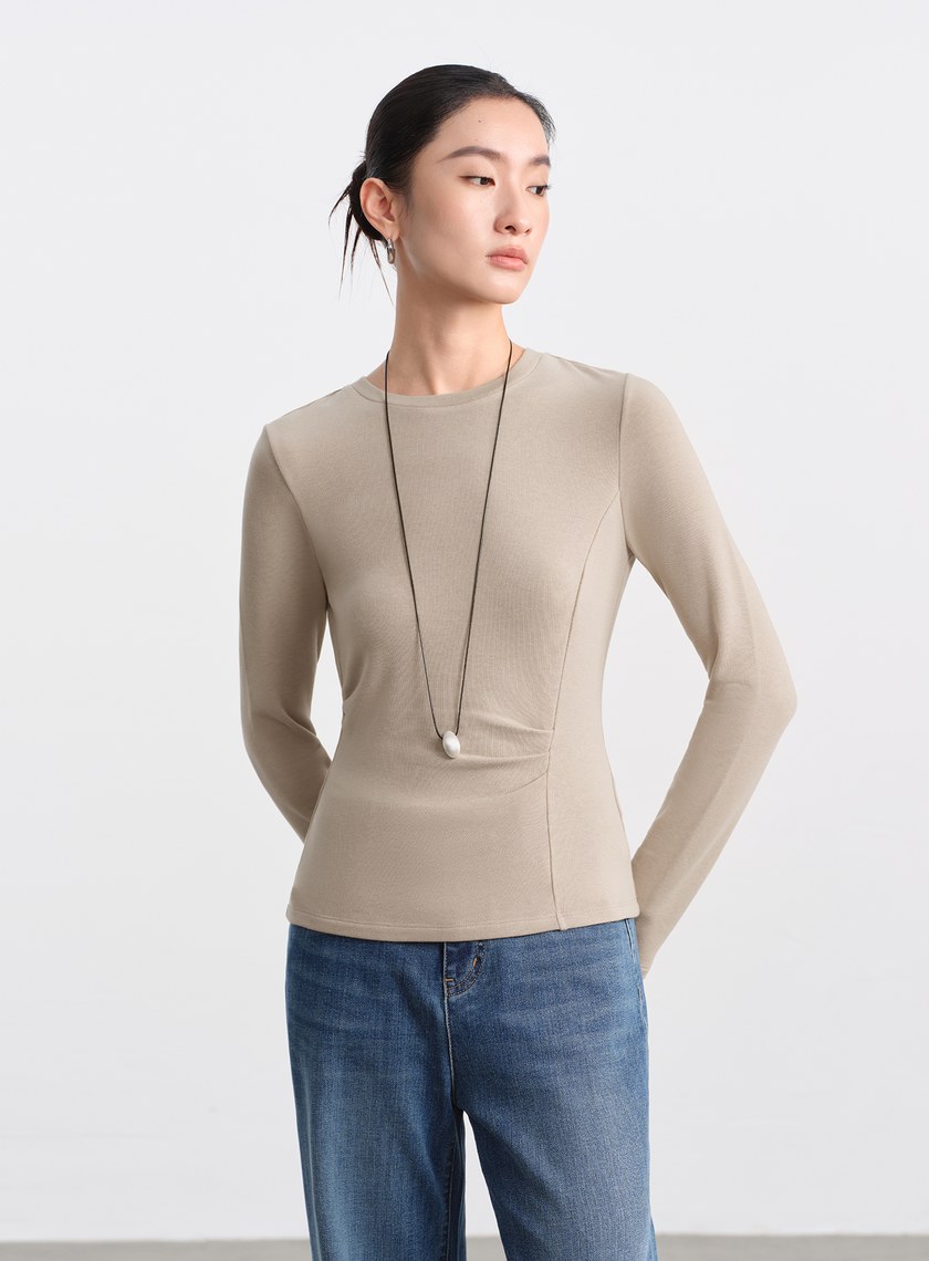 不對稱抓褶圓領發熱上衣