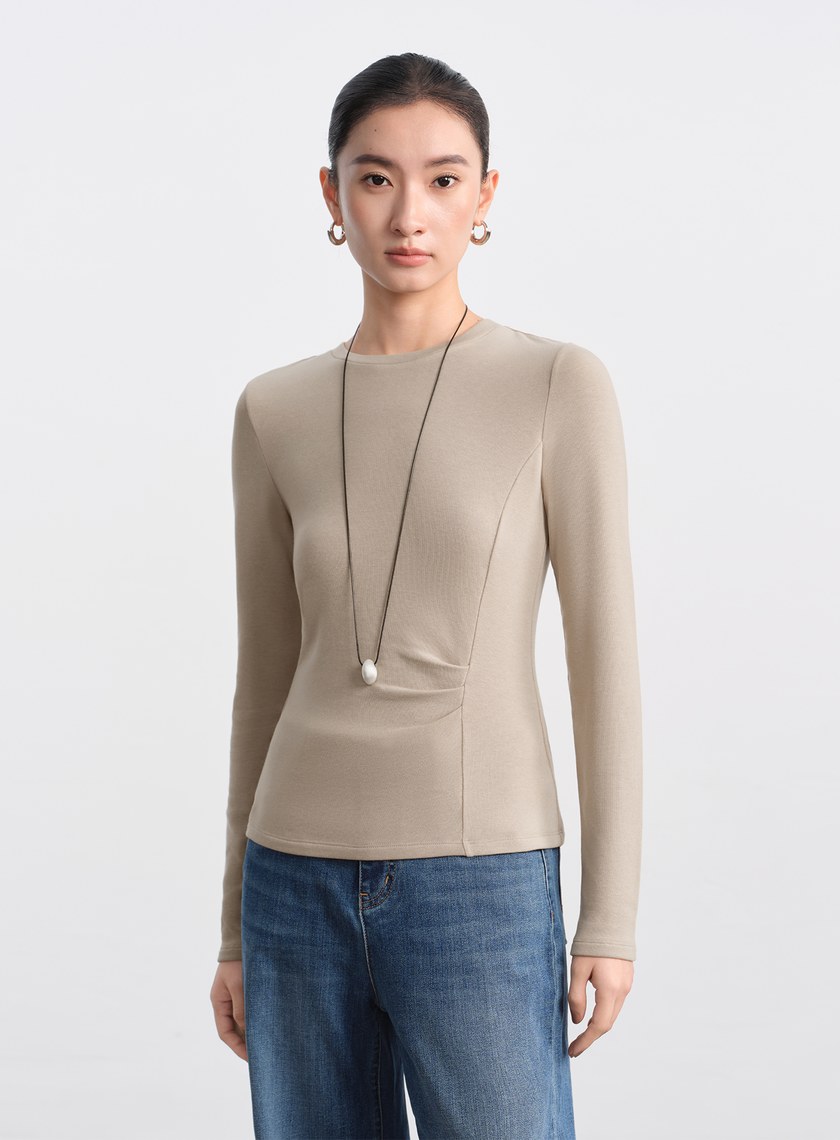 不對稱抓褶圓領發熱上衣