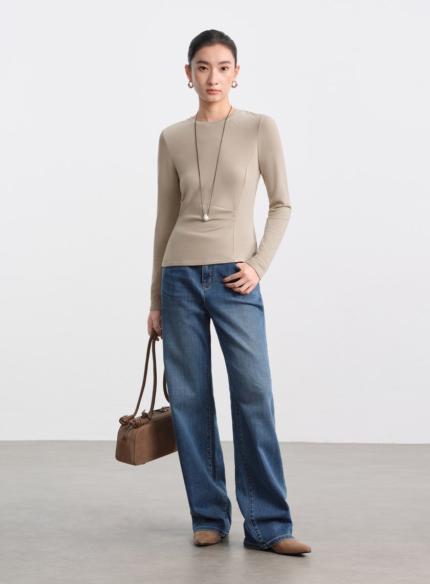 不對稱抓褶圓領發熱上衣