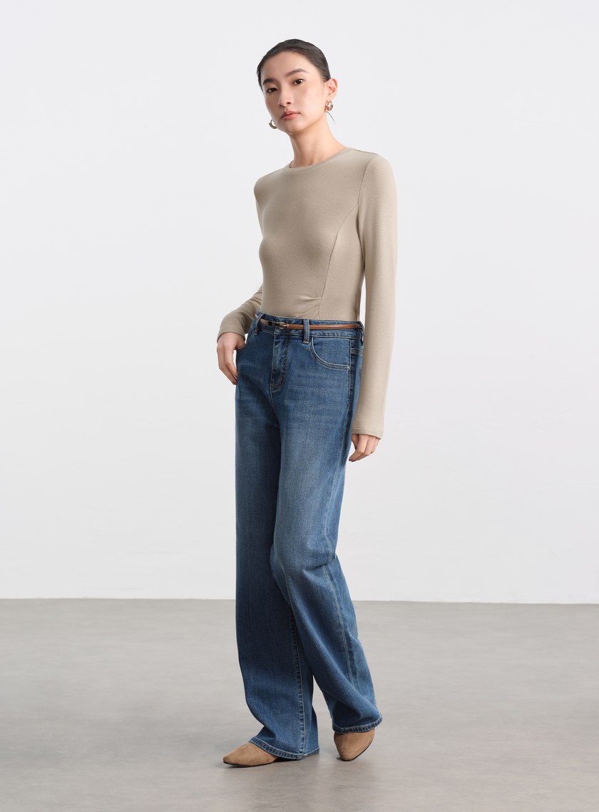 不對稱抓褶圓領發熱上衣