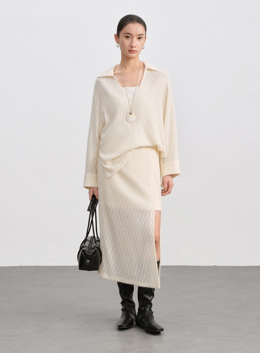 菱格紋V領簍空上衣