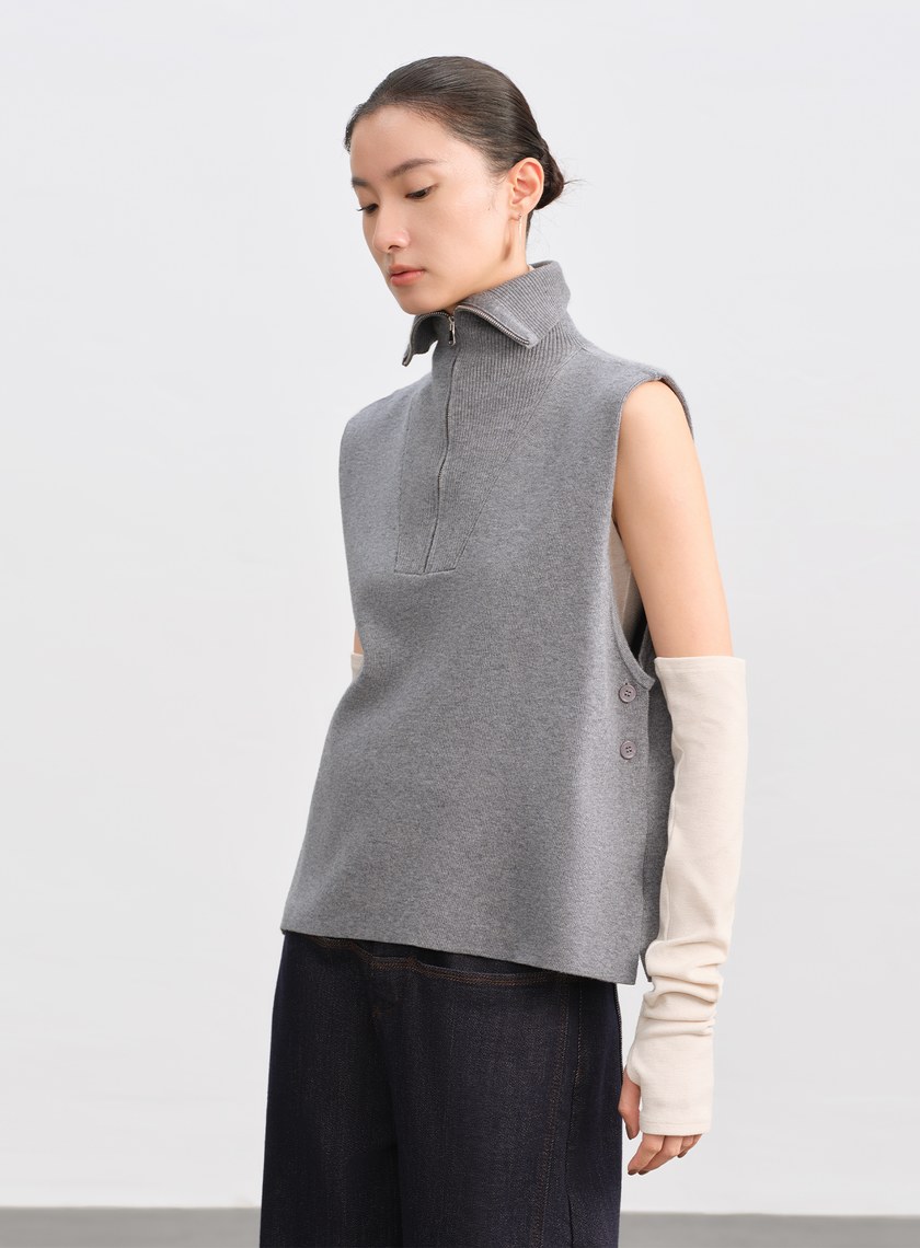 絲光羊毛翻領拉鍊針織背心