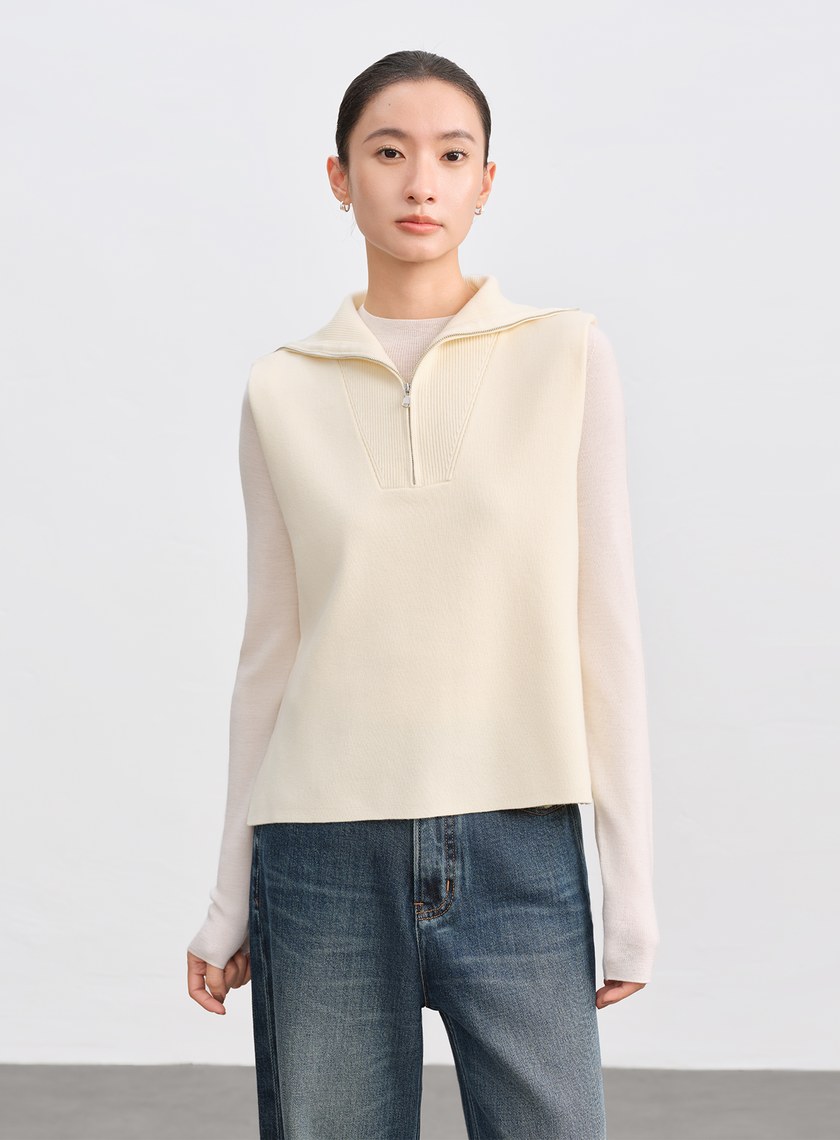 絲光羊毛翻領拉鍊針織背心