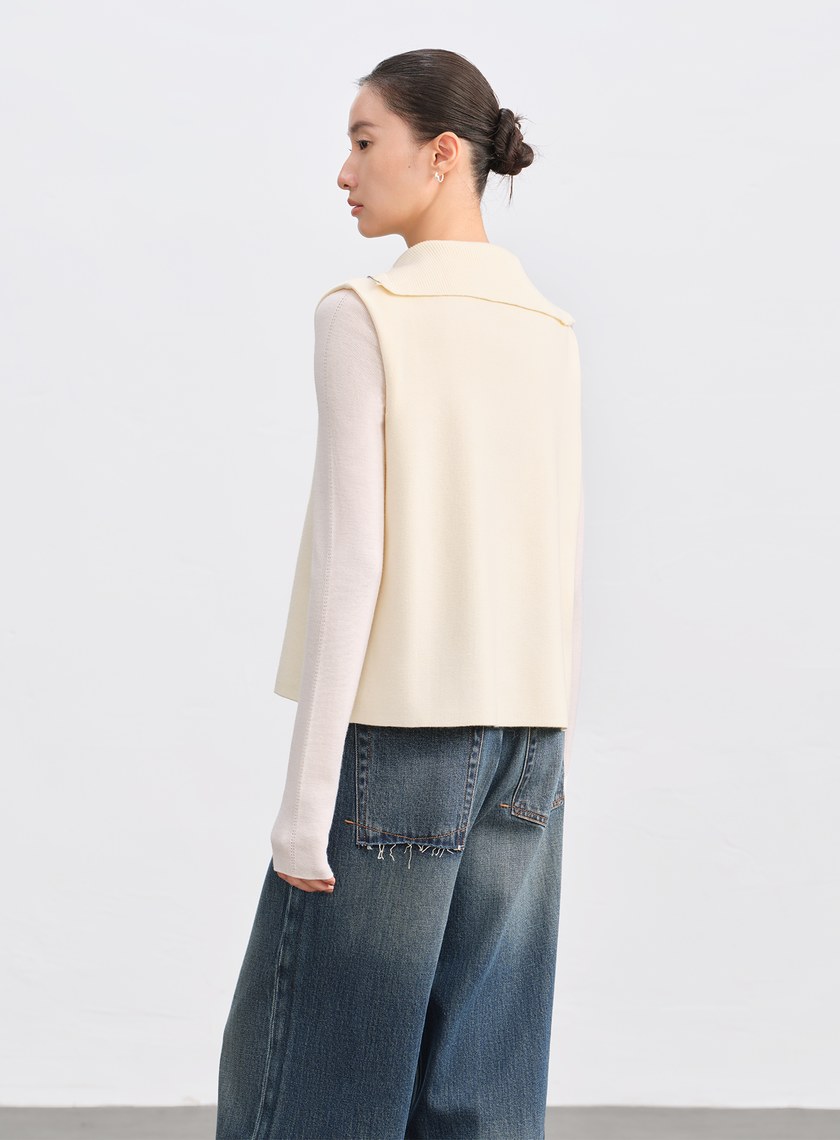 絲光羊毛翻領拉鍊針織背心