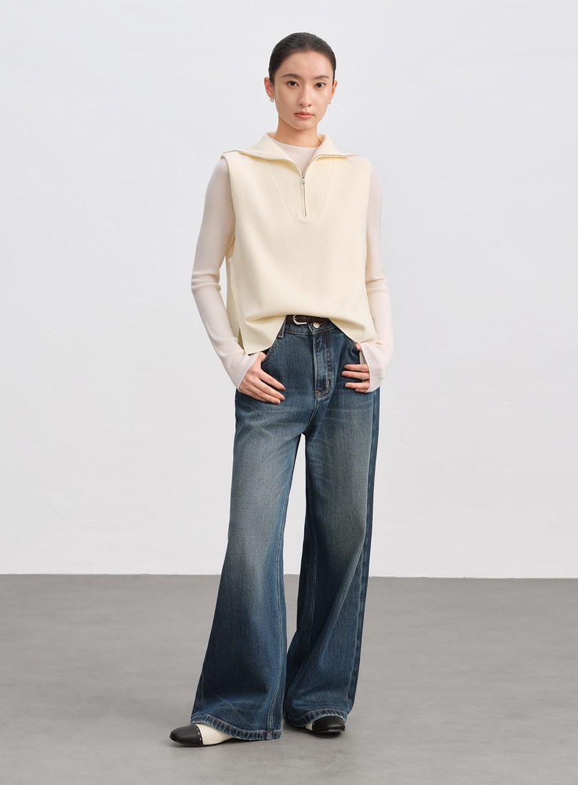 絲光羊毛翻領拉鍊針織背心