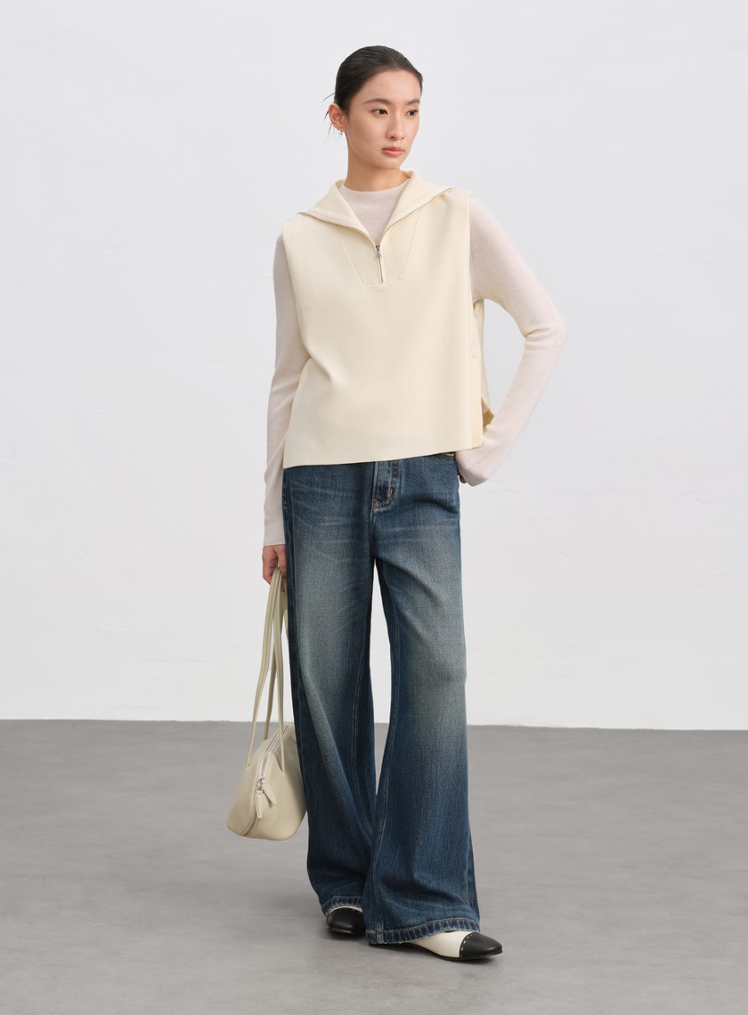 絲光羊毛翻領拉鍊針織背心