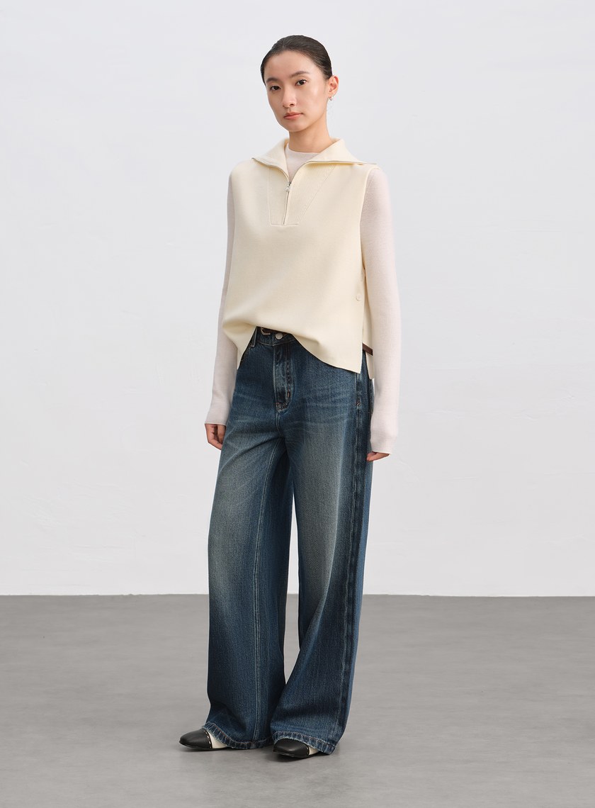 絲光羊毛翻領拉鍊針織背心