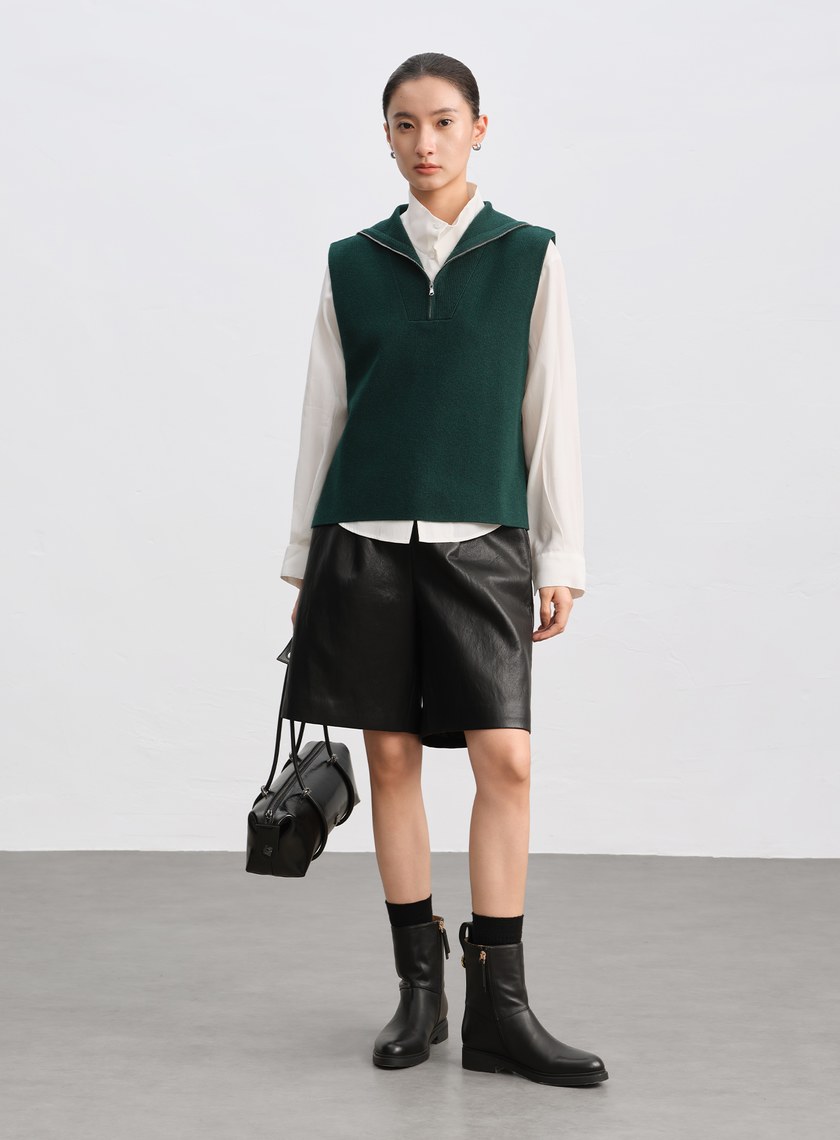 絲光羊毛翻領拉鍊針織背心