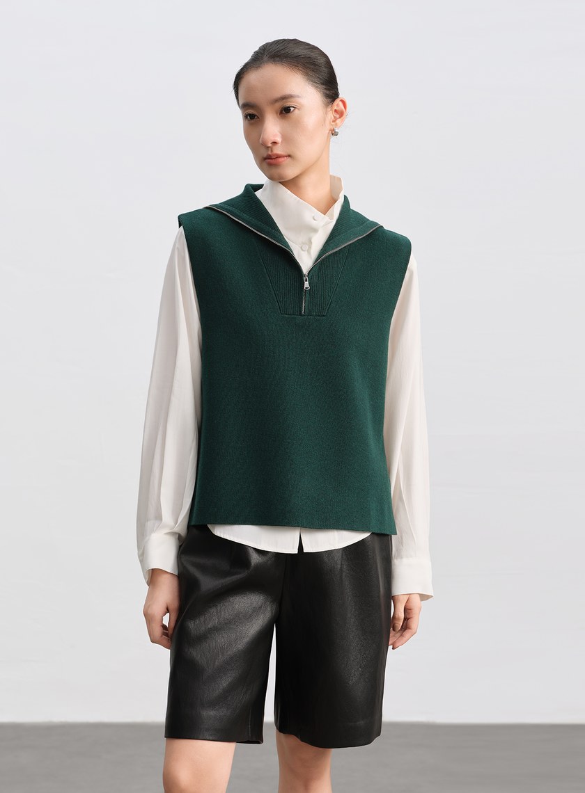 絲光羊毛翻領拉鍊針織背心