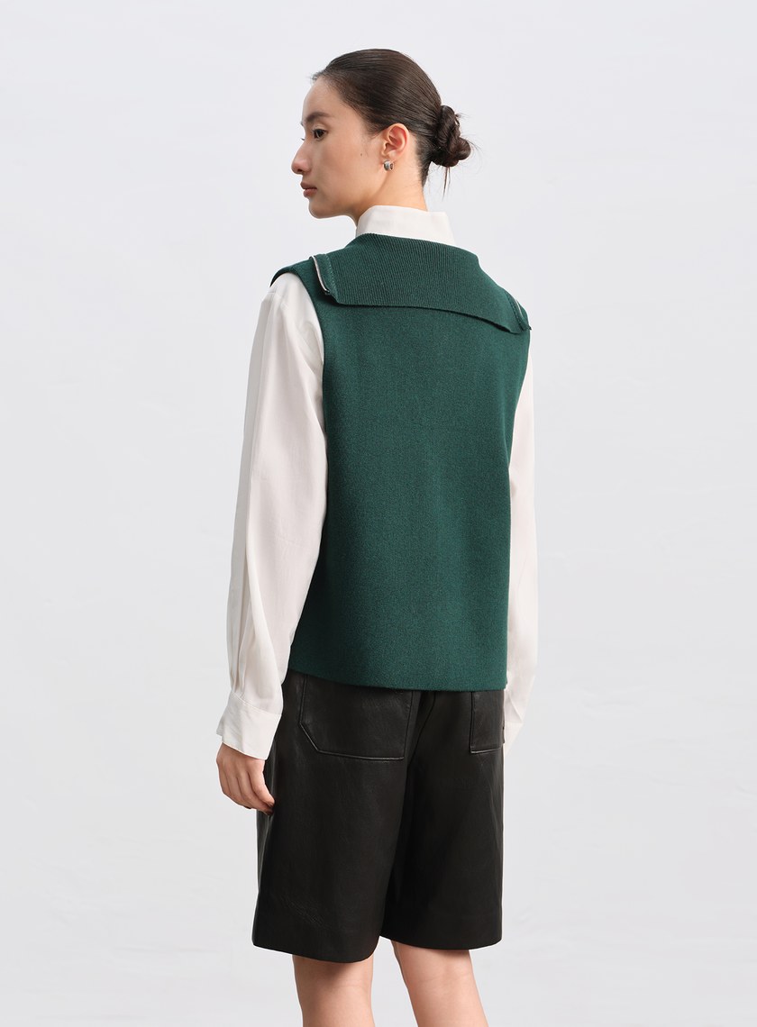 絲光羊毛翻領拉鍊針織背心