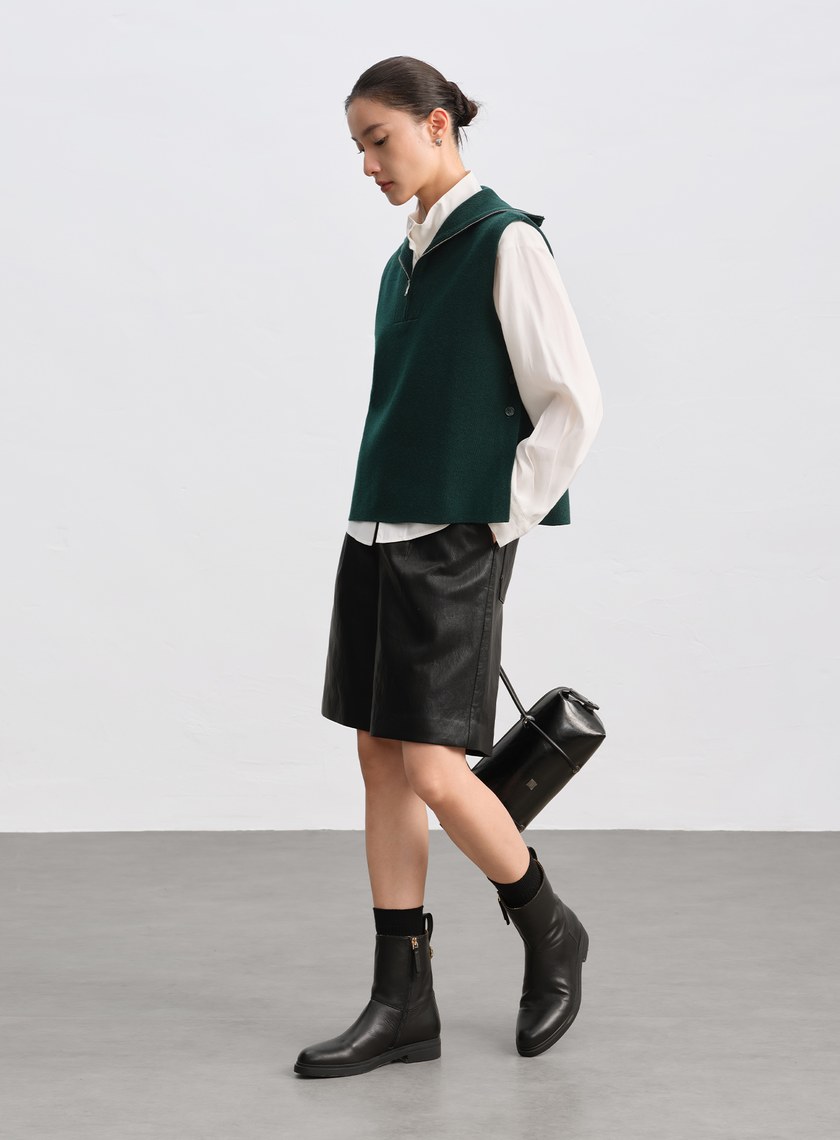 絲光羊毛翻領拉鍊針織背心