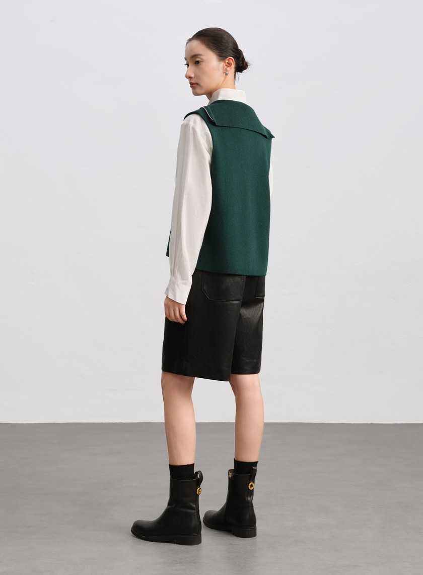 絲光羊毛翻領拉鍊針織背心