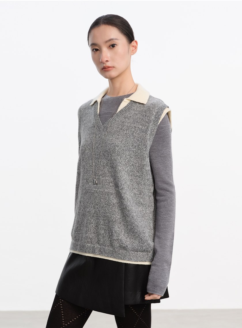 無袖拼接POLO領上衣