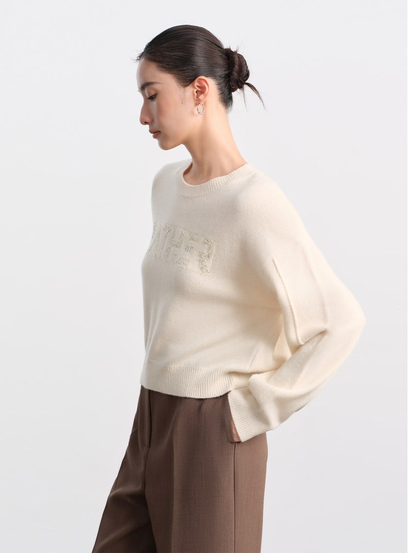 精緻珠片紗LOGO羊毛針織上衣