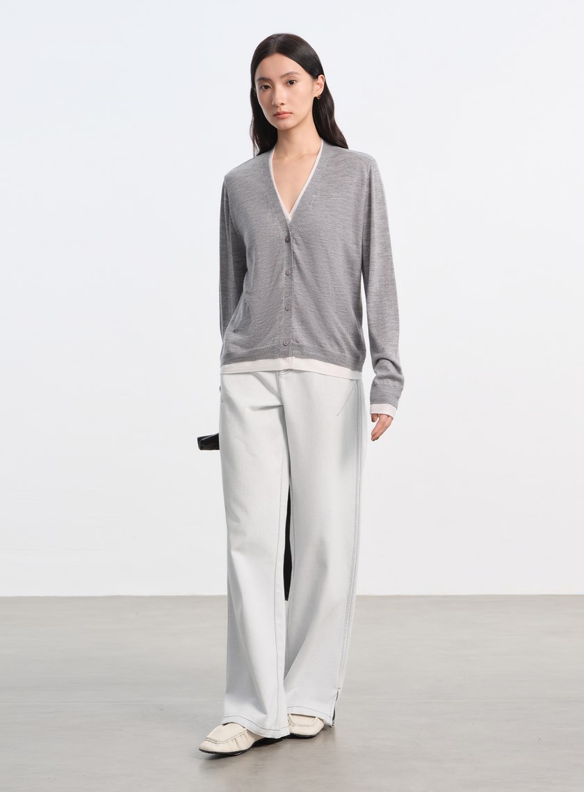 純羊毛假兩件開襟針織衫