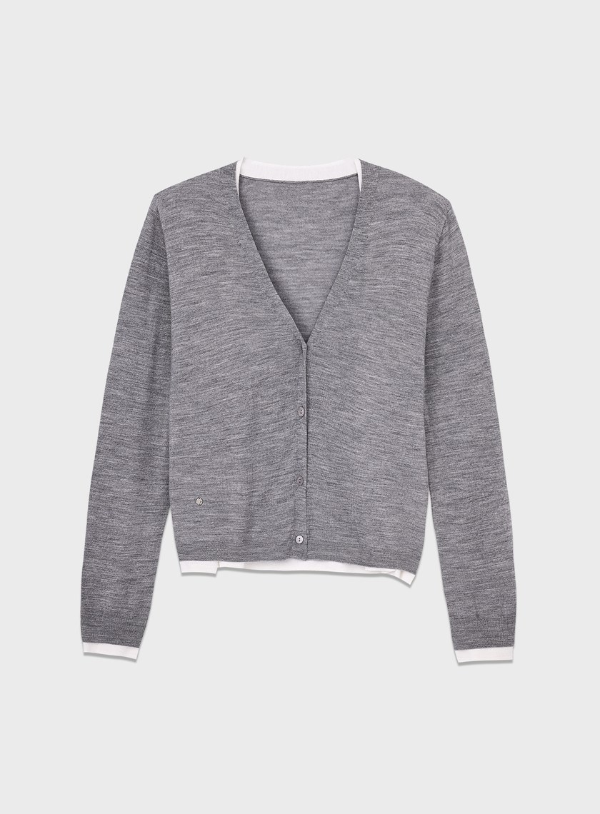 純羊毛假兩件開襟針織衫