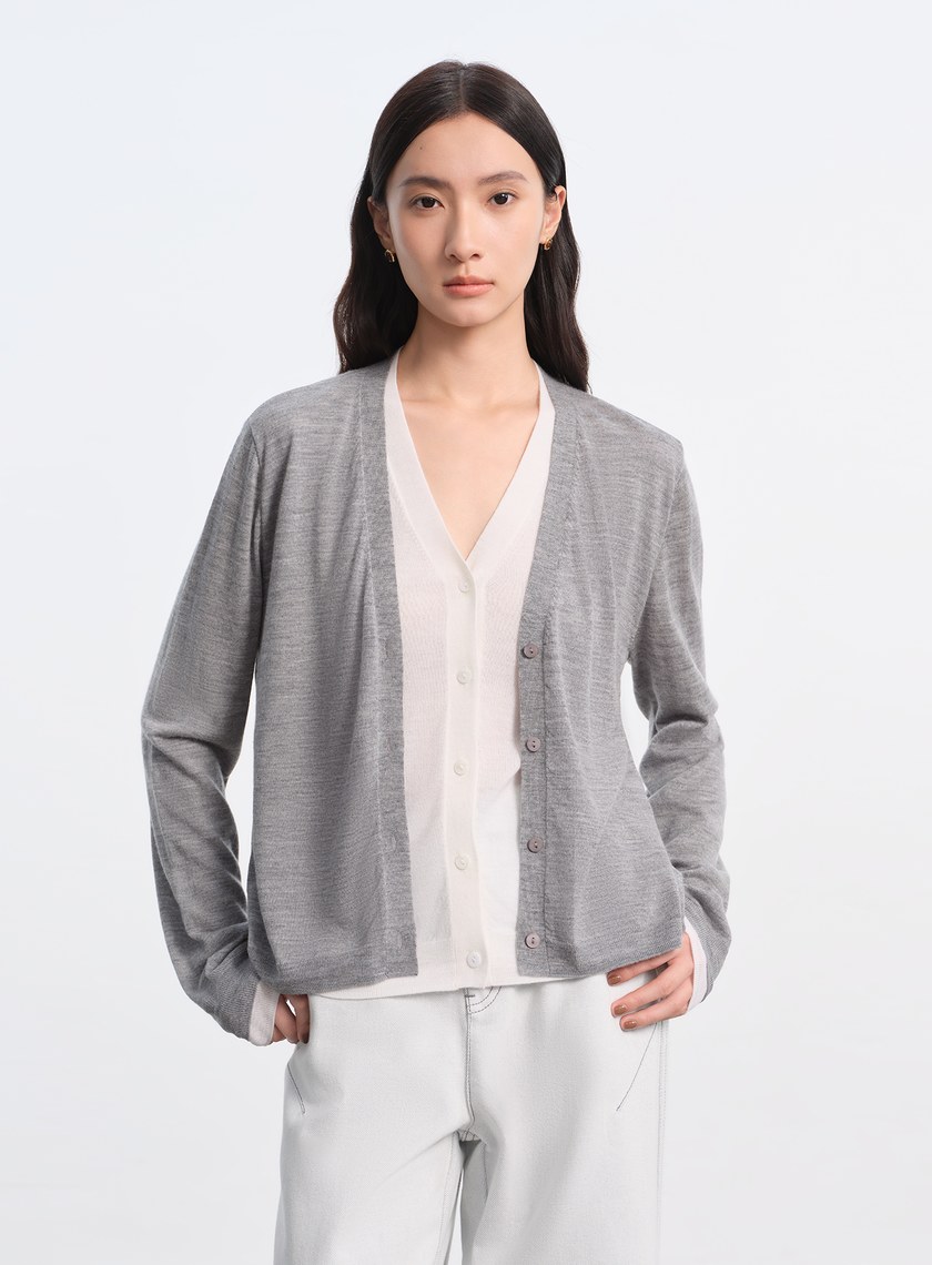 純羊毛假兩件開襟針織衫