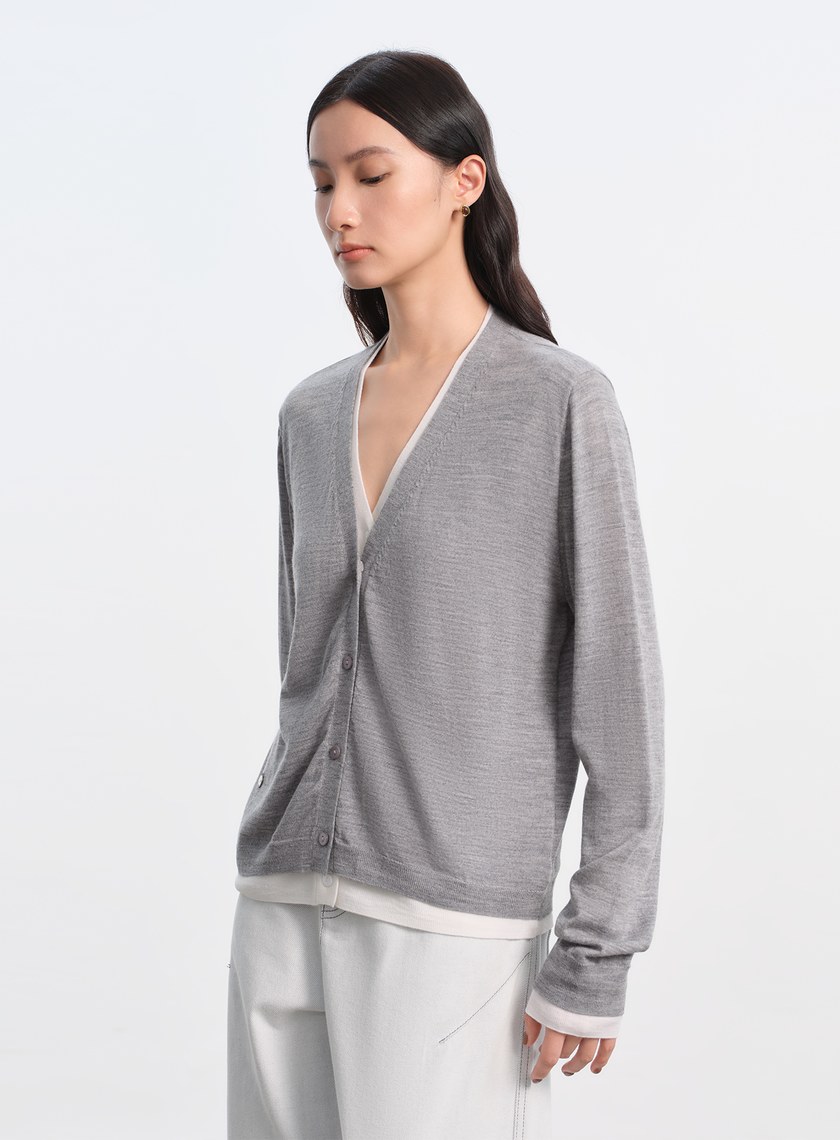 純羊毛假兩件開襟針織衫