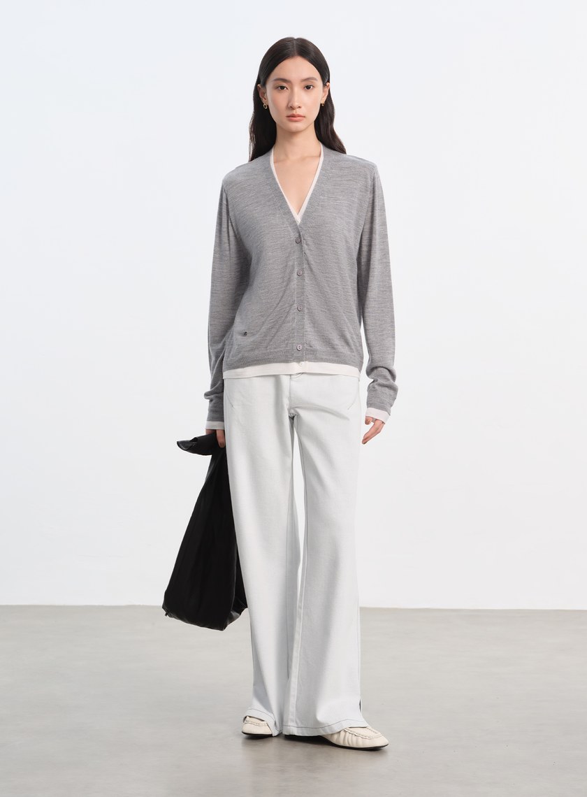 純羊毛假兩件開襟針織衫