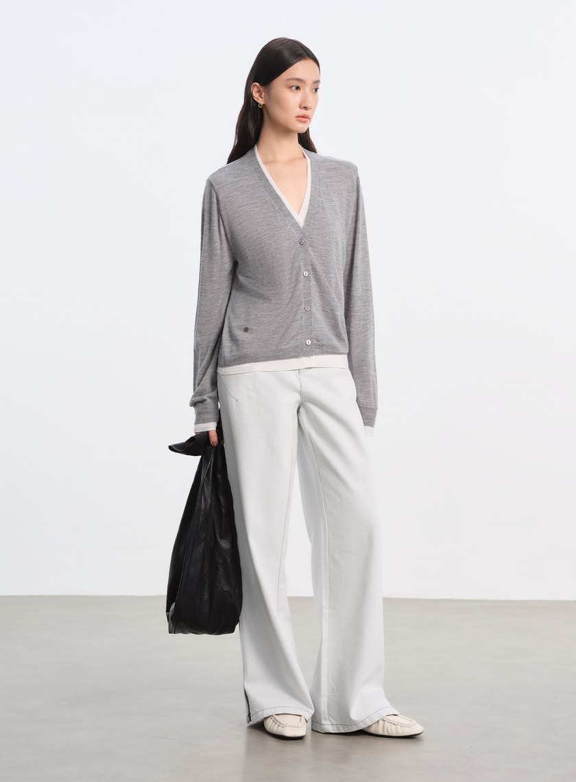 純羊毛假兩件開襟針織衫