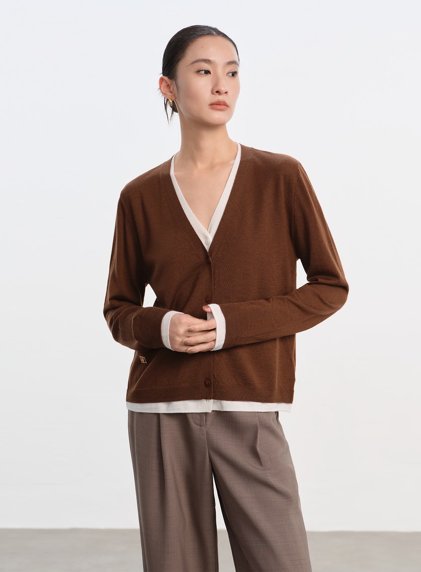 純羊毛假兩件開襟針織衫