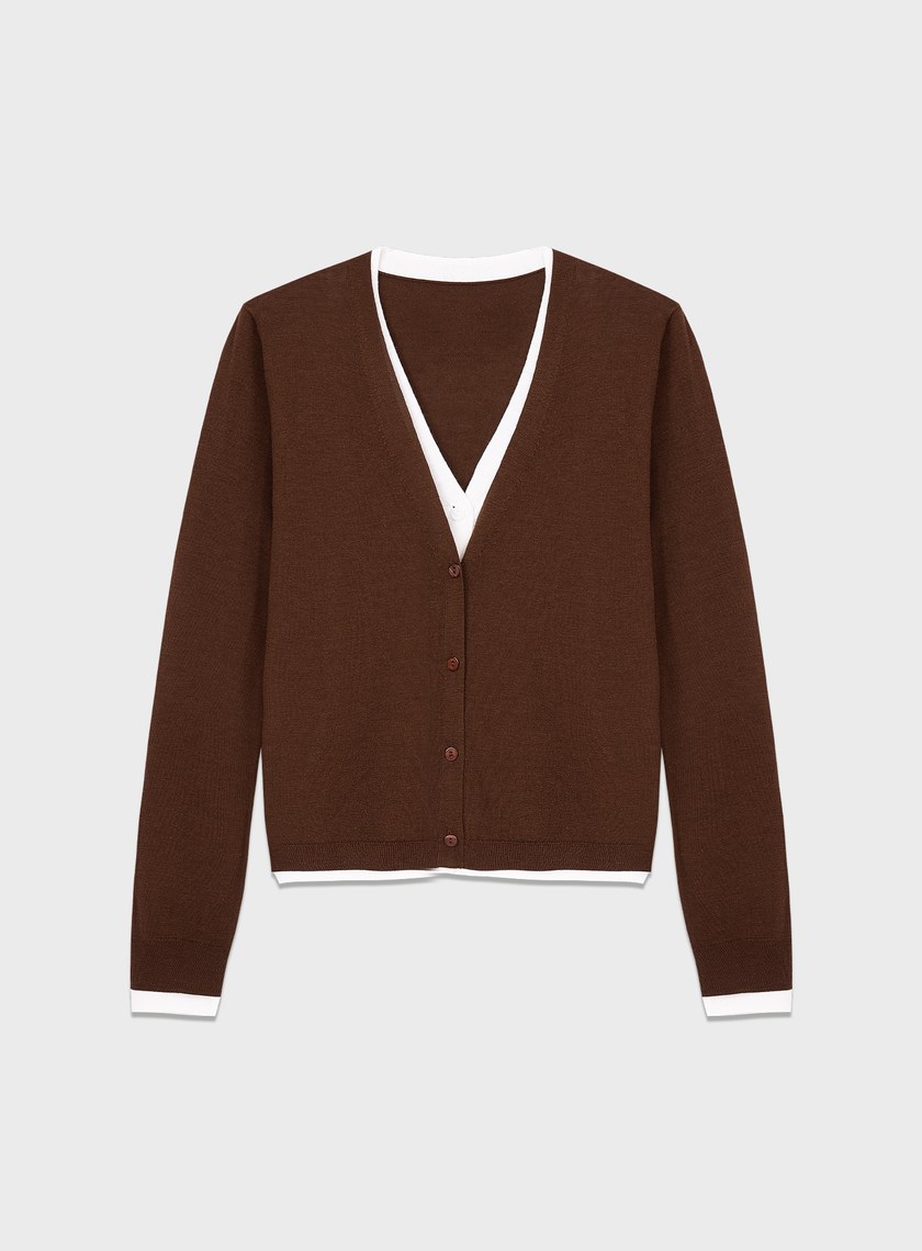 純羊毛假兩件開襟針織衫