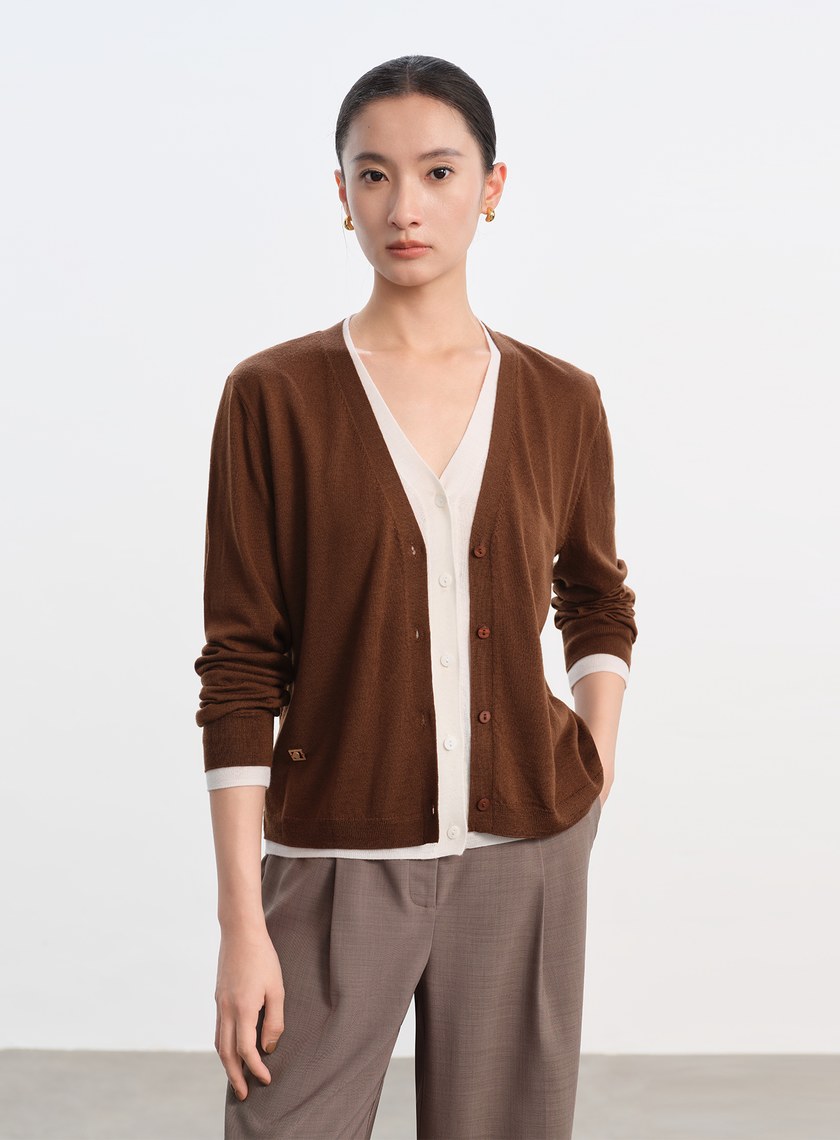 純羊毛假兩件開襟針織衫