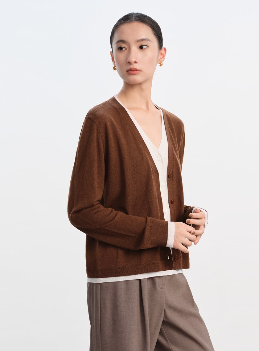 純羊毛假兩件開襟針織衫