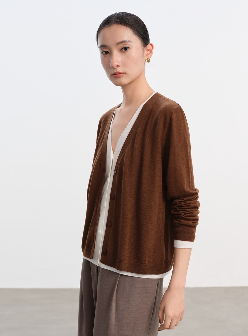 純羊毛假兩件開襟針織衫