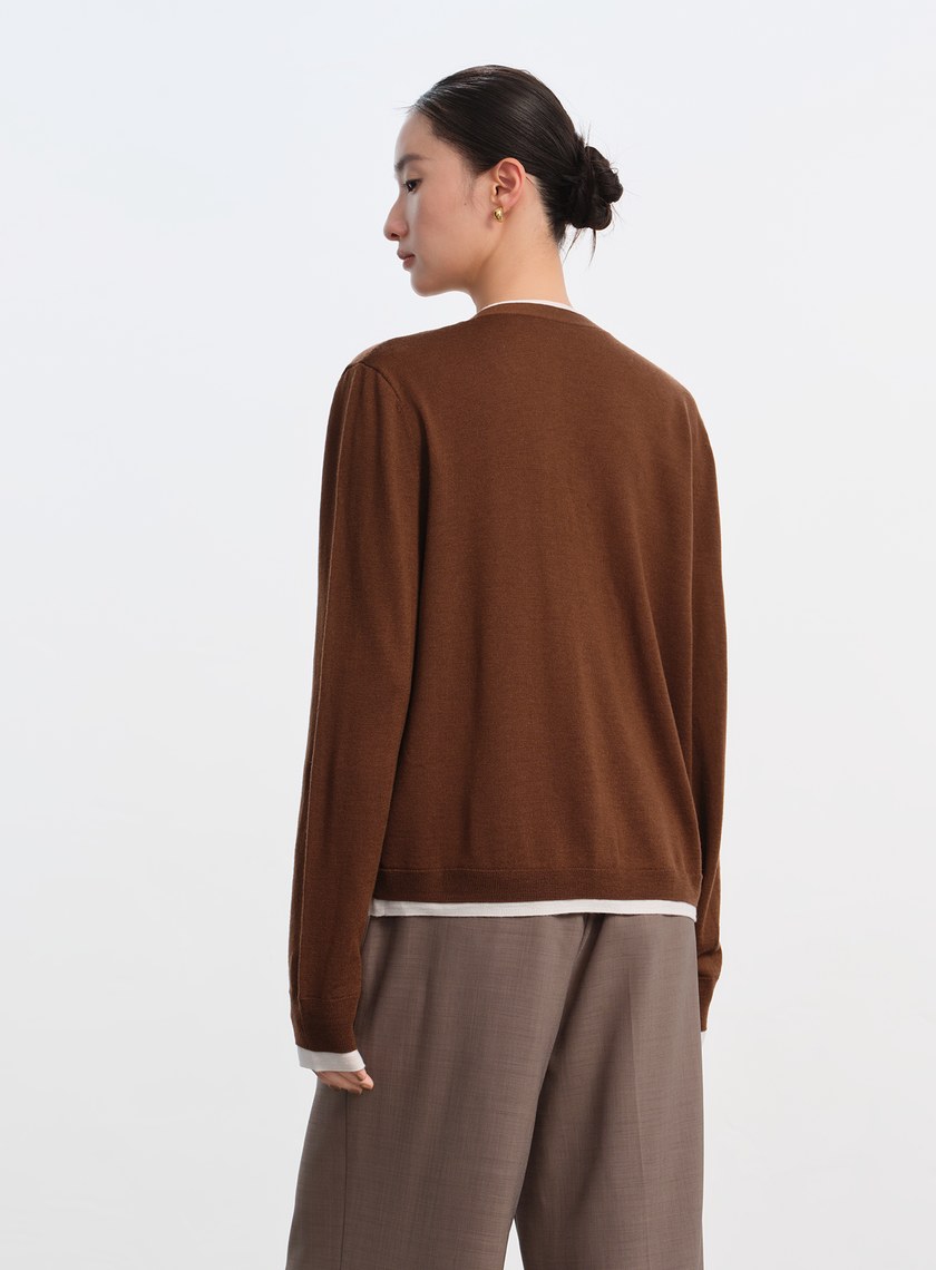 純羊毛假兩件開襟針織衫