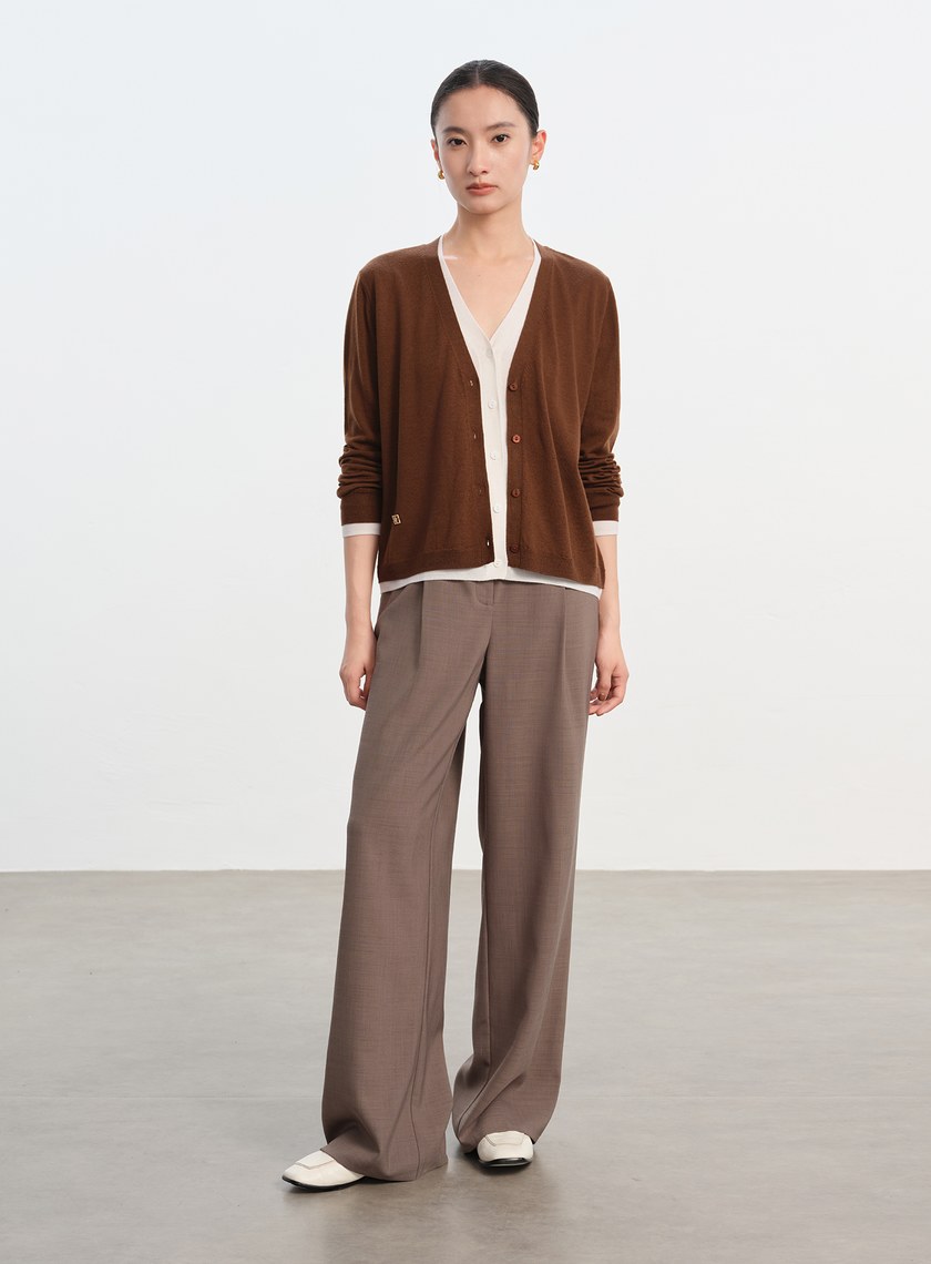 純羊毛假兩件開襟針織衫