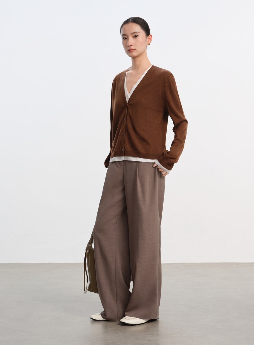 純羊毛假兩件開襟針織衫