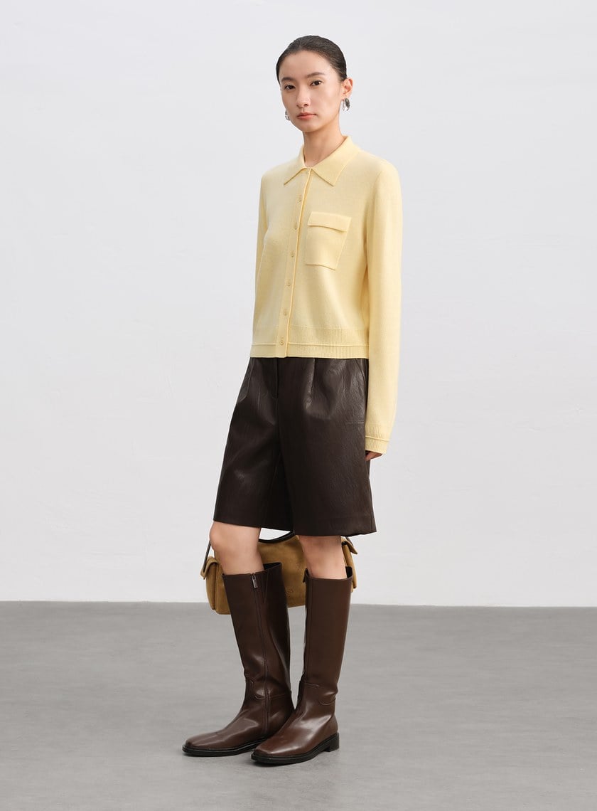 絲光羊毛襯衫領針織上衣