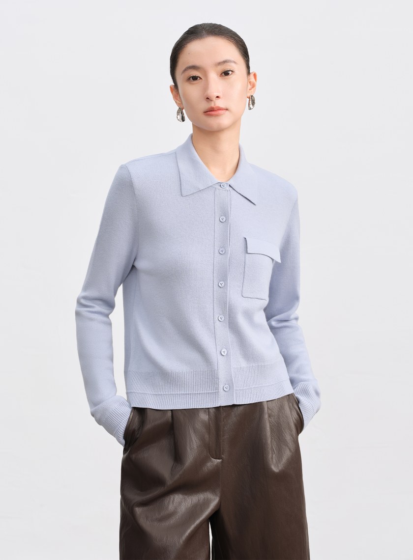 絲光羊毛襯衫領針織上衣