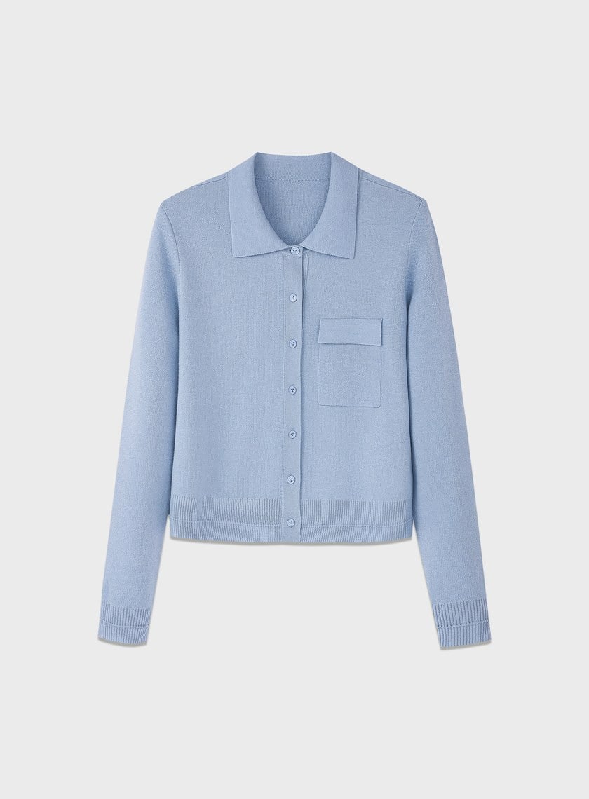 絲光羊毛襯衫領針織上衣