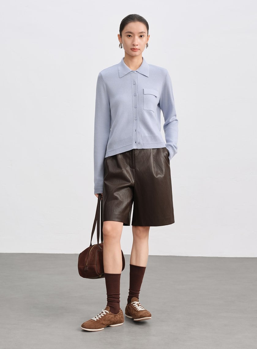 絲光羊毛襯衫領針織上衣