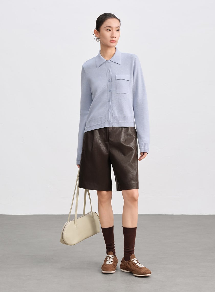 絲光羊毛襯衫領針織上衣