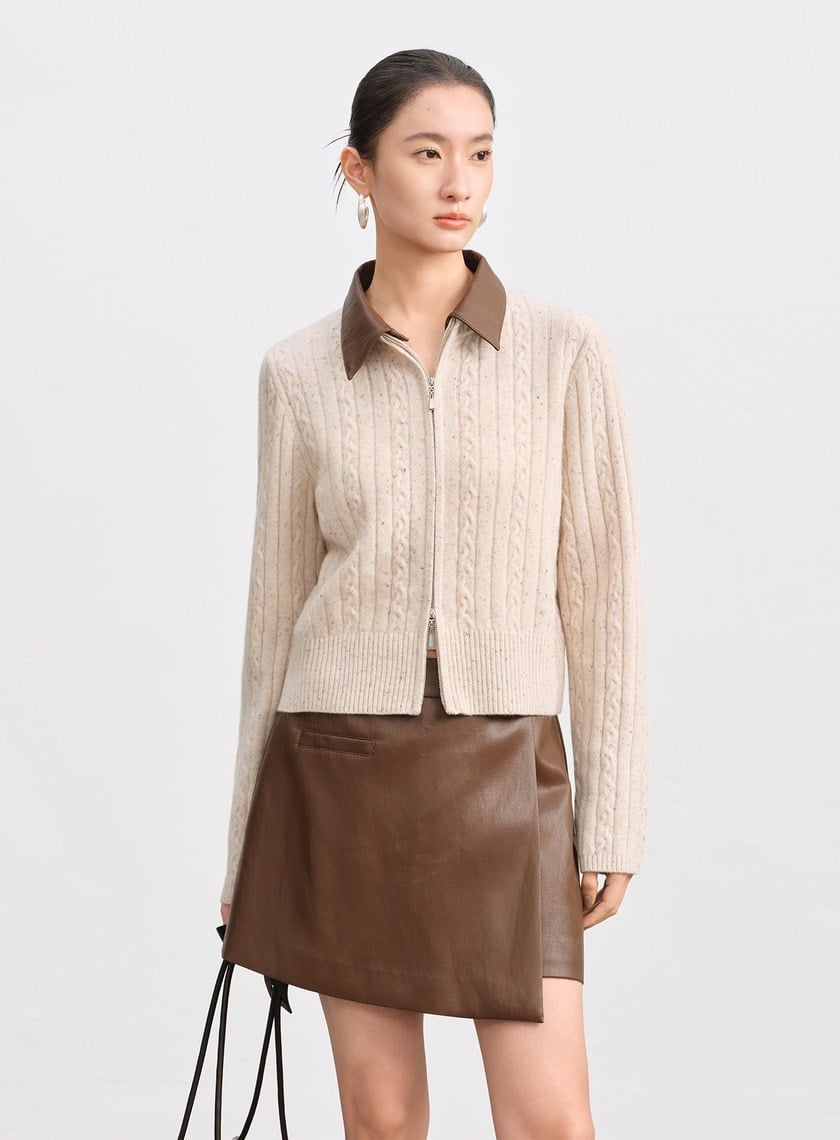 羊毛可拆領坑條彩點毛衣