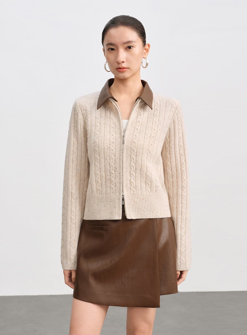 羊毛可拆領坑條彩點毛衣