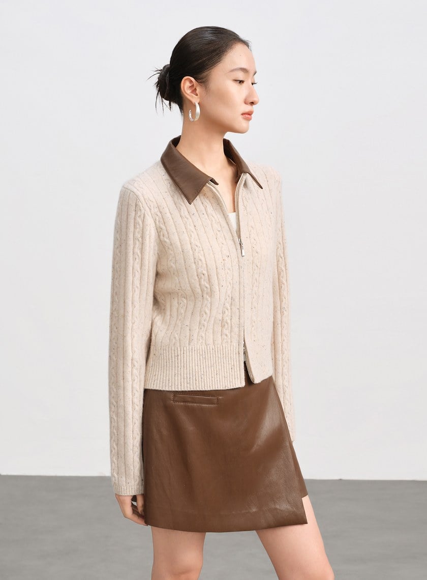 羊毛可拆領坑條彩點毛衣