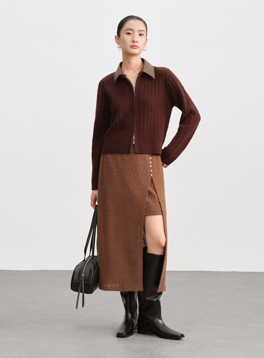 羊毛可拆領坑條彩點毛衣