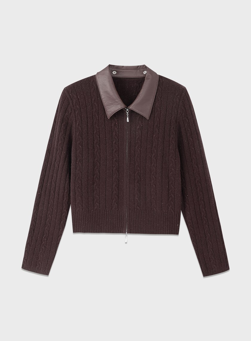 羊毛可拆領坑條彩點毛衣