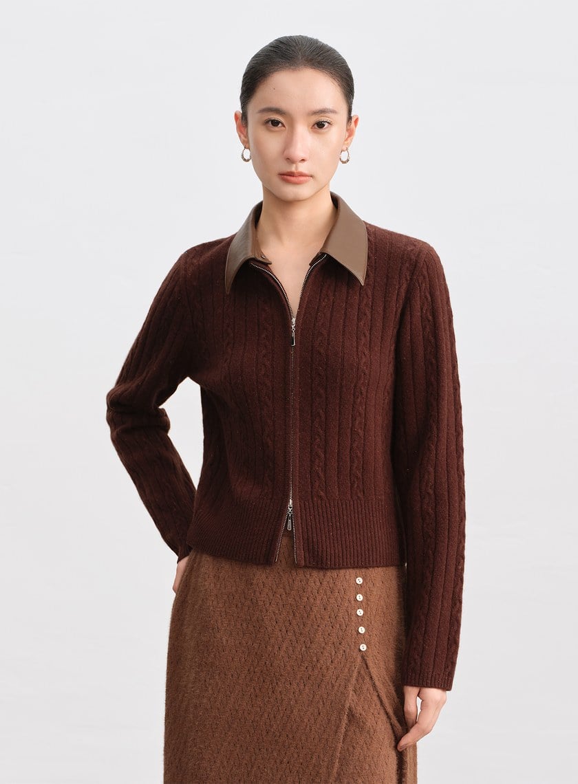 羊毛可拆領坑條彩點毛衣