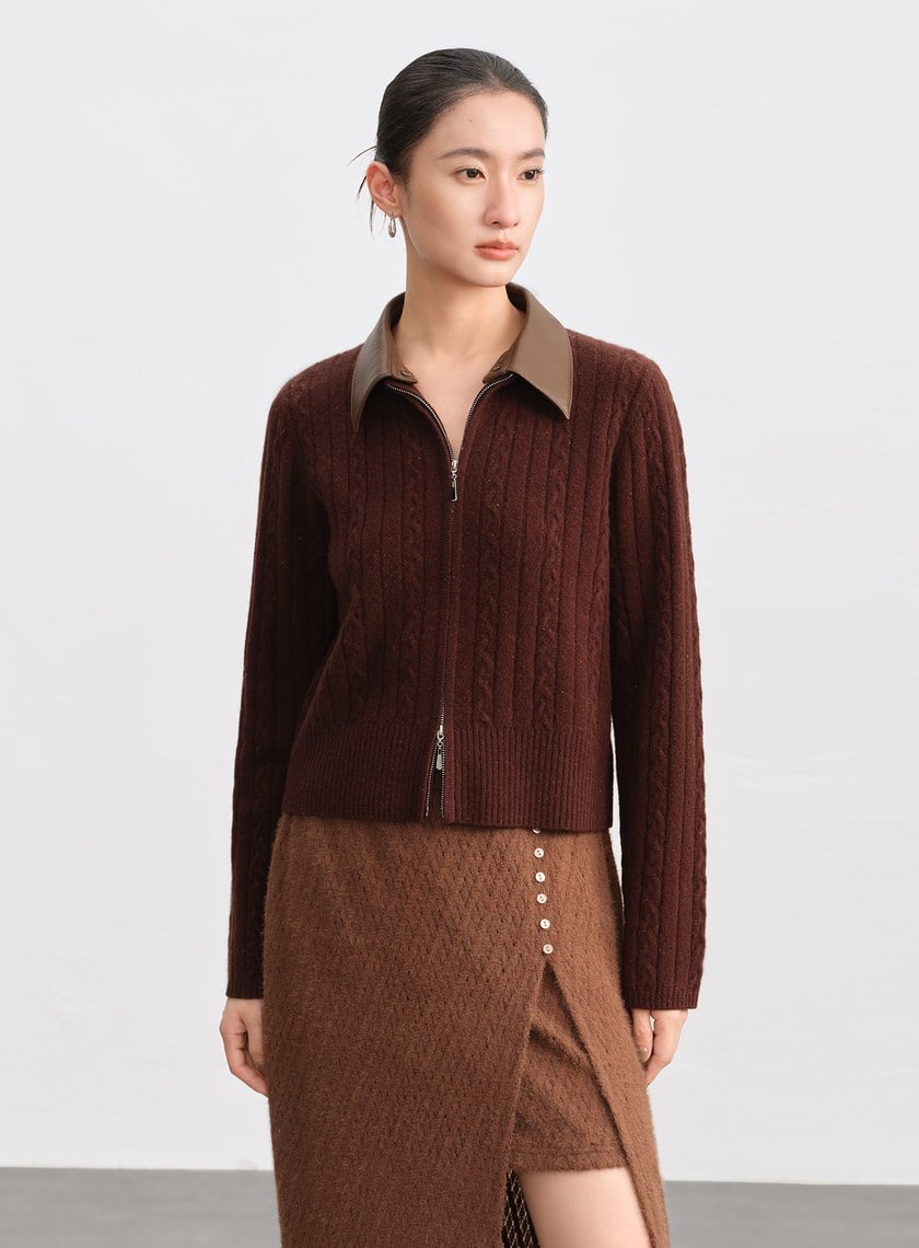 羊毛可拆領坑條彩點毛衣