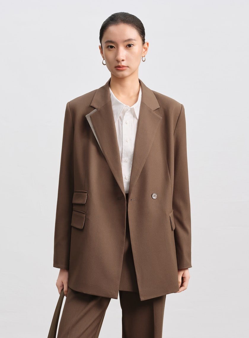 時髦拼接領寬版西裝外套