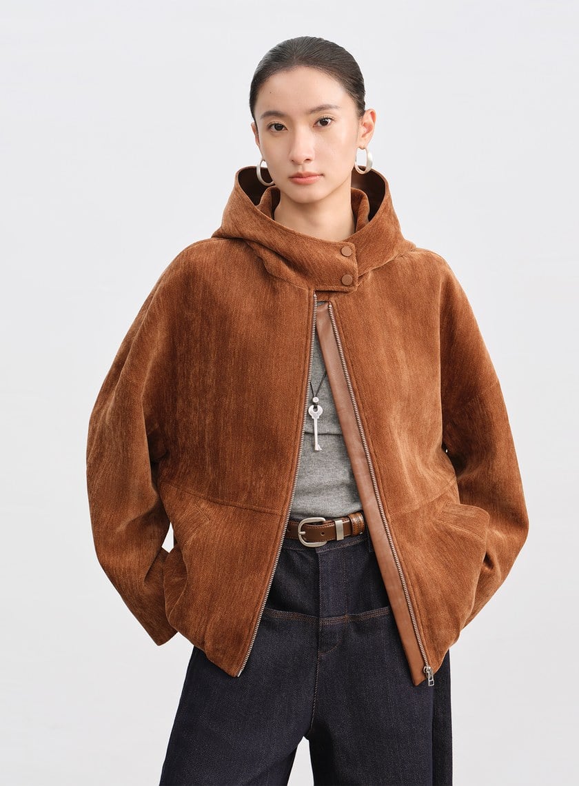 絨面連帽繭型休閒外套