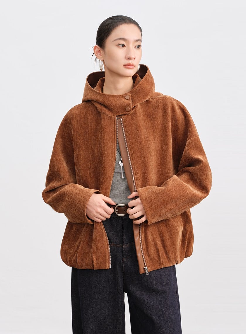 絨面連帽繭型休閒外套
