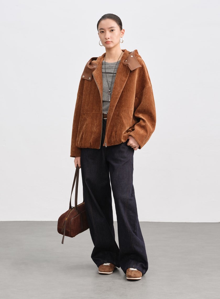 絨面連帽繭型休閒外套