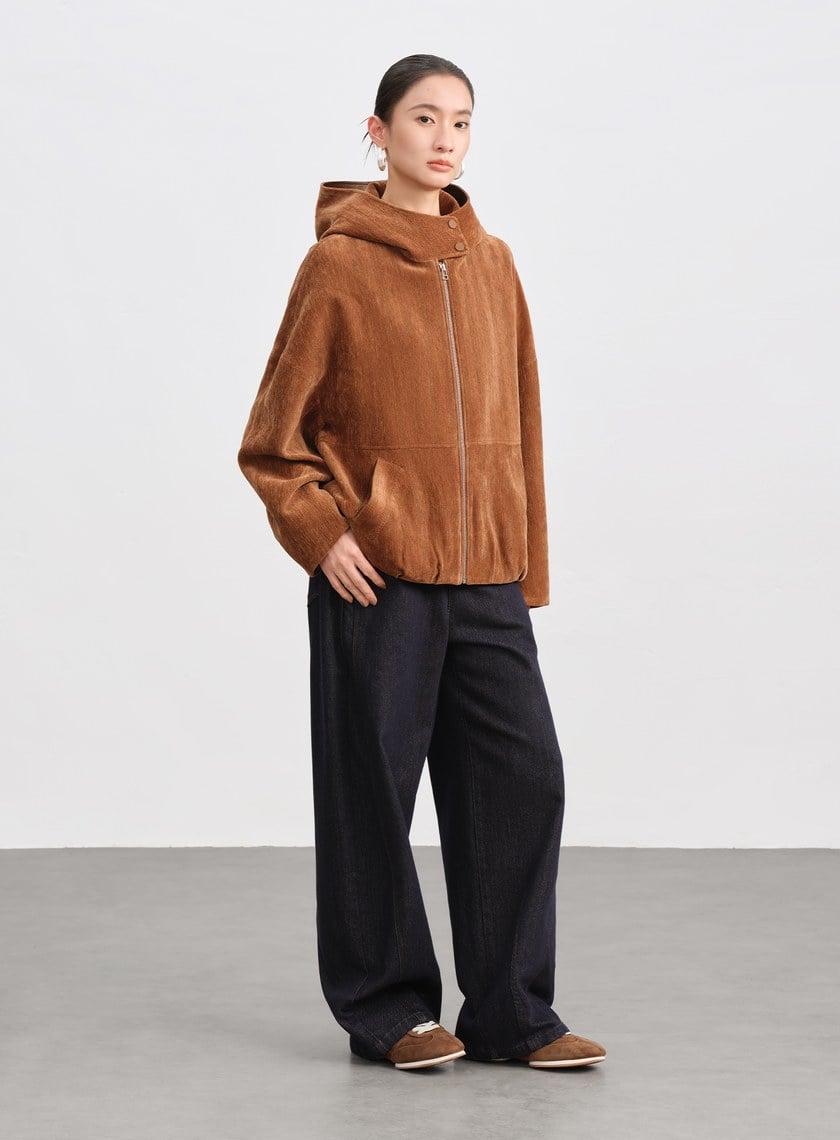 絨面連帽繭型休閒外套