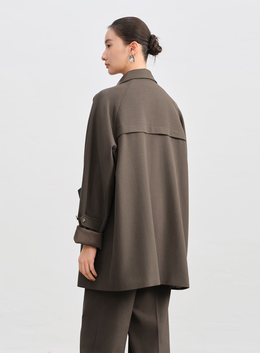 格紋拼接巴恩風中長版風衣